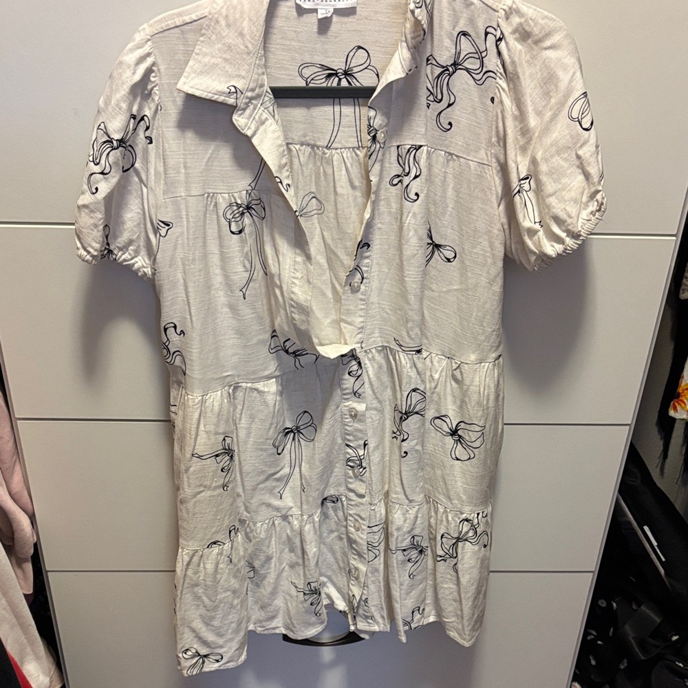 Women's Cream Button-Up Top with Black Bow Print